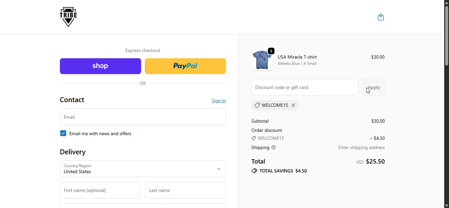 Tribe Lacrosse discount code screenshot showing code WELCOME15 applied at Tribe Lacrosse checkout page. Uploaded by SimplyCodes community member Prospecto on Oct 21, 2025