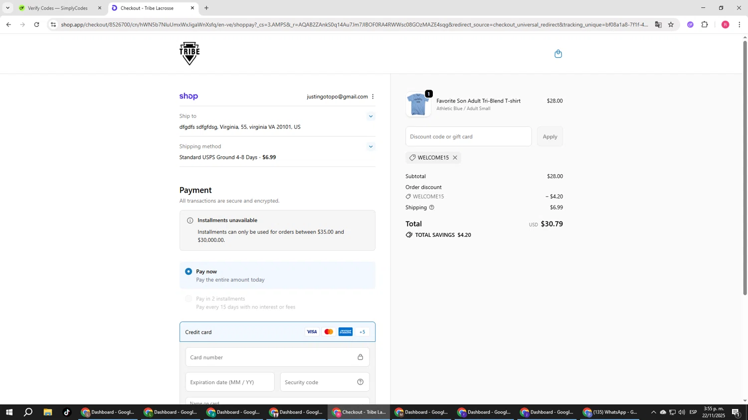 Tribe Lacrosse discount code screenshot showing code WELCOME15 applied at Tribe Lacrosse checkout page. Uploaded by SimplyCodes community member TTTT55 on Nov 22, 2025