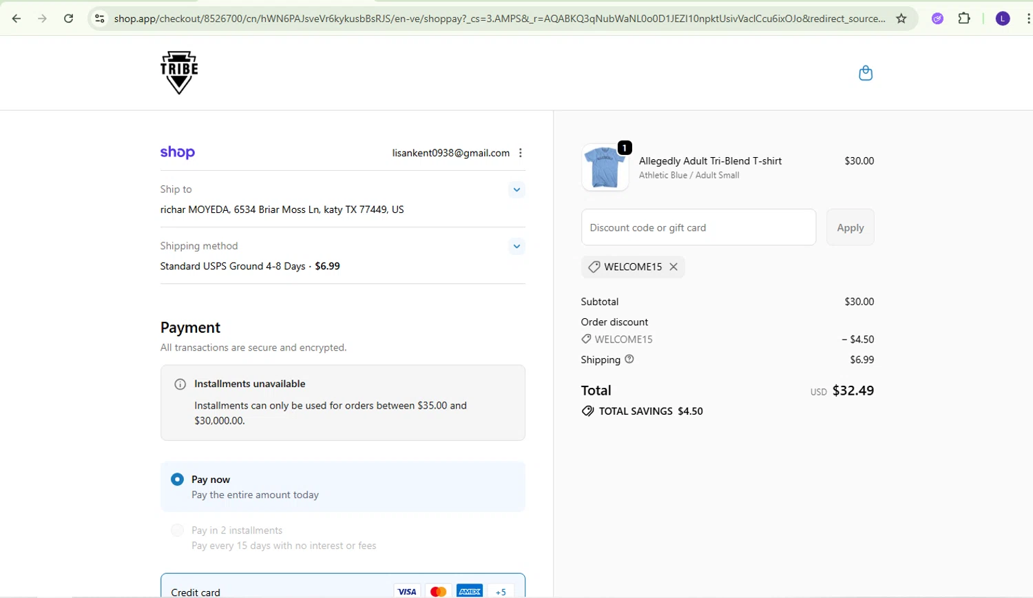 Tribe Lacrosse discount code screenshot showing code WELCOME15 applied at Tribe Lacrosse checkout page. Uploaded by SimplyCodes community member richard007 on Dec 14, 2025