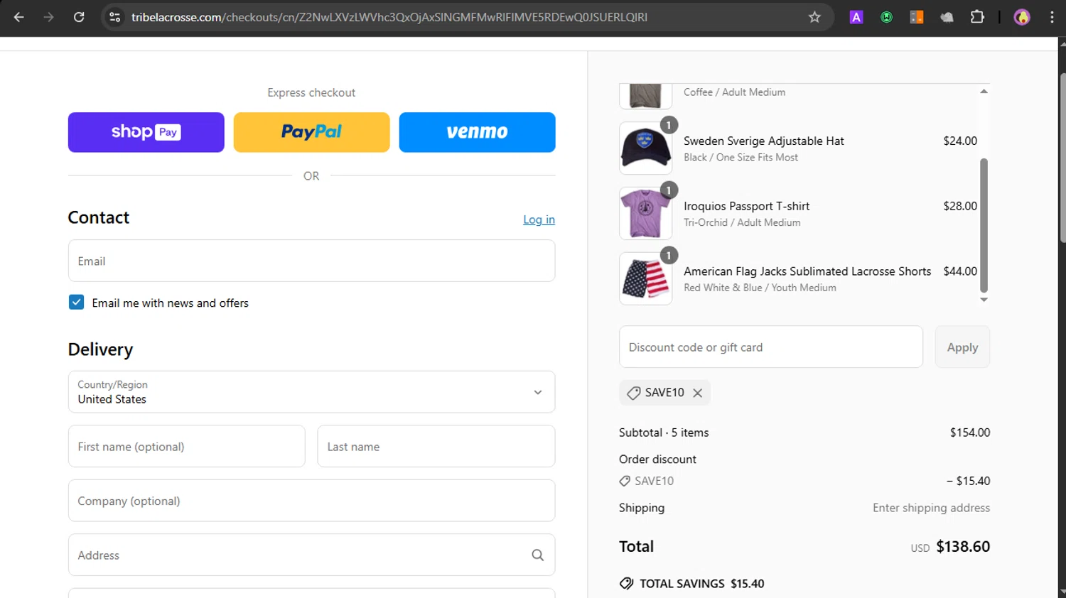Tribe Lacrosse discount code screenshot showing code SAVE10 applied at Tribe Lacrosse checkout page. Uploaded by SimplyCodes community member PrincessCoupon on Apr 22, 2025