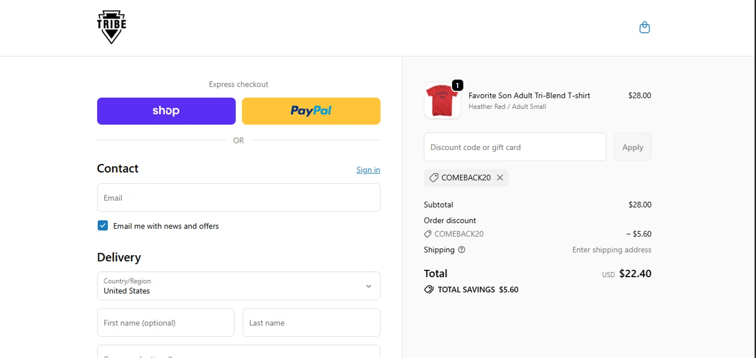 Tribe Lacrosse discount code screenshot showing code COMEBACK20 applied at Tribe Lacrosse checkout page. Uploaded by SimplyCodes community member juanisaac on Oct 18, 2025