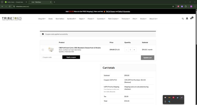 TribeTokes checkout page showing TribeTokes discount code box | Screenshot taken by SimplyCodes community member on Jun 13, 2025