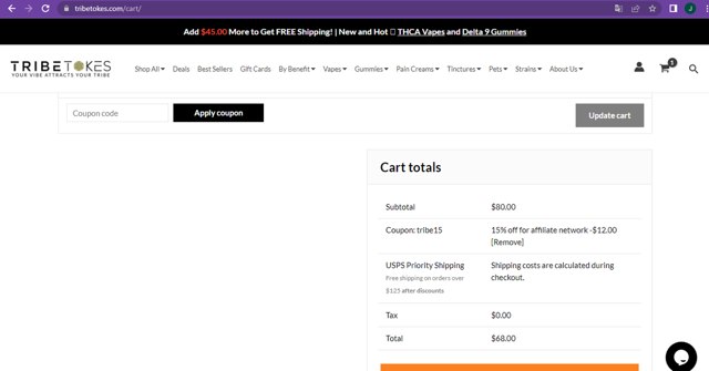 TribeTokes checkout page showing TribeTokes discount code box | Screenshot taken by SimplyCodes community member on Jan 27, 2025