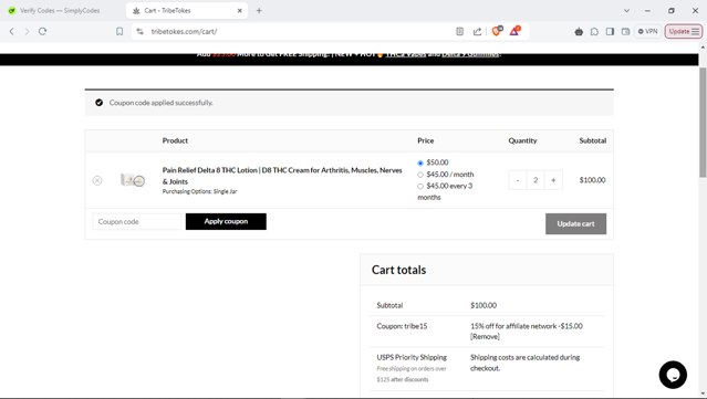 TribeTokes checkout page showing TribeTokes discount code box | Screenshot taken by SimplyCodes community member on Oct 5, 2024