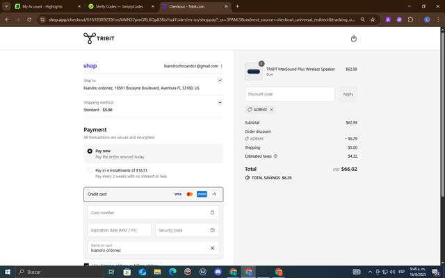 Tribit Audio checkout page showing Tribit Audio promo code box | Screenshot taken by SimplyCodes community member on Sep 16, 2025