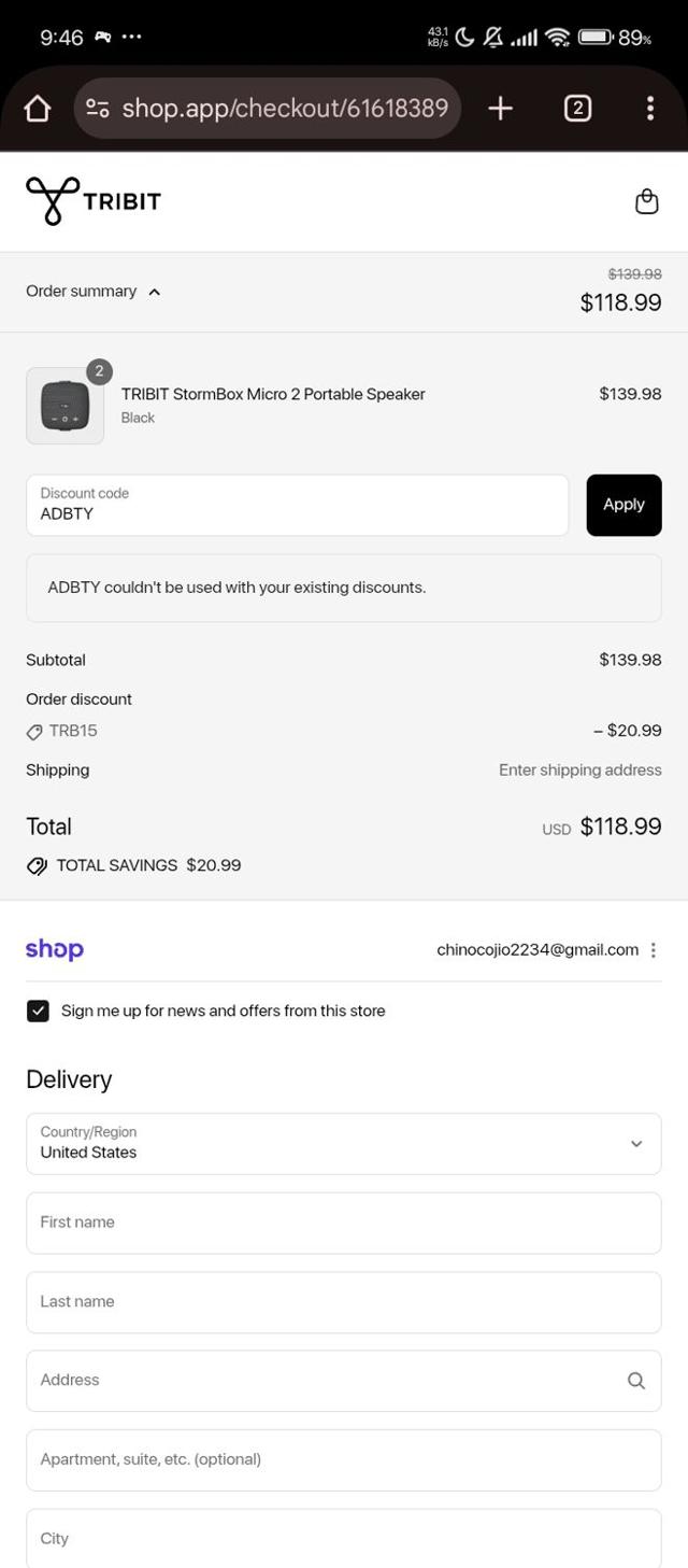 Tribit Audio checkout page showing Tribit Audio promo code box | Screenshot taken by SimplyCodes community member on Sep 16, 2025