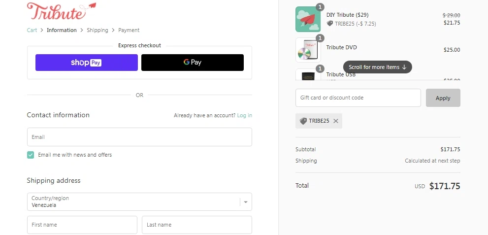 Tribute checkout page showing Tribute discount code box | Screenshot taken by SimplyCodes community member on Jan 25, 2022
