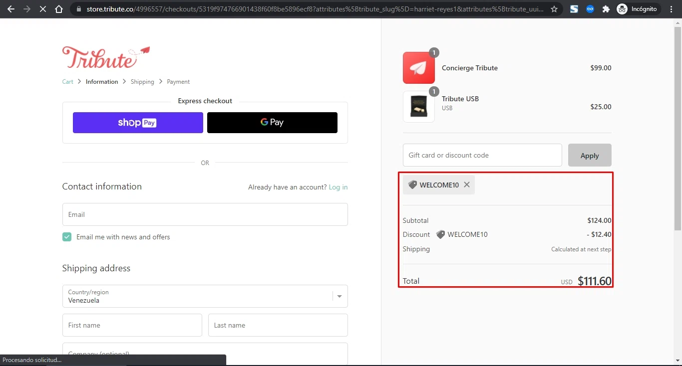Tribute checkout page showing Tribute discount code box | Screenshot taken by SimplyCodes community member on Dec 10, 2021