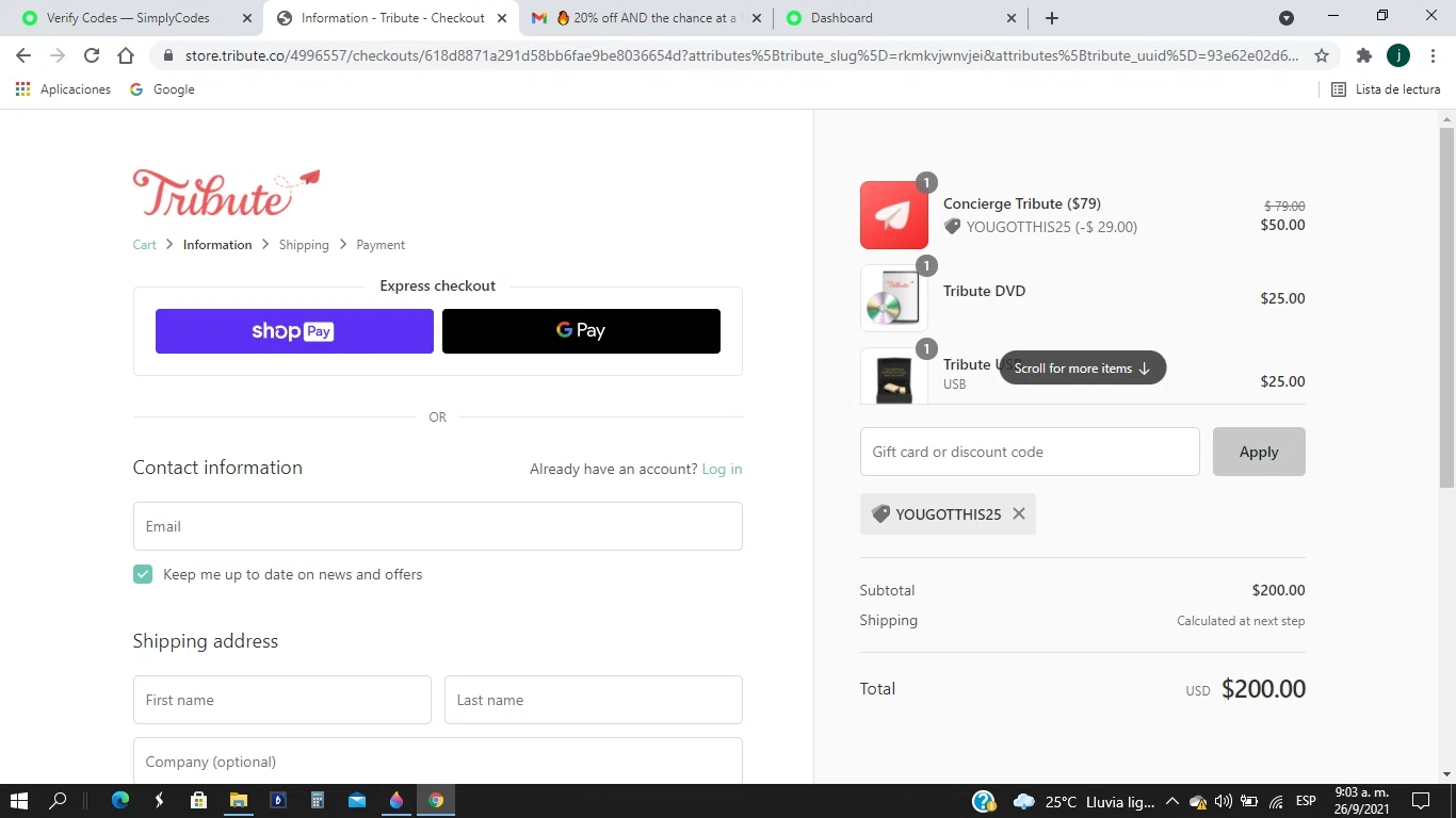 Tribute checkout page showing Tribute discount code box | Screenshot taken by SimplyCodes community member on Sep 26, 2021