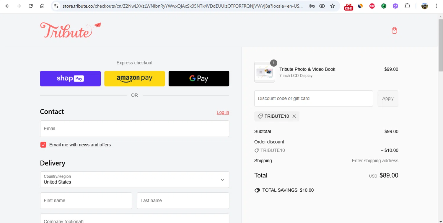 Tribute discount code screenshot showing code TRIBUTE10 applied at Tribute checkout page. Uploaded by SimplyCodes community member gonzalodamole on Feb 17, 2025