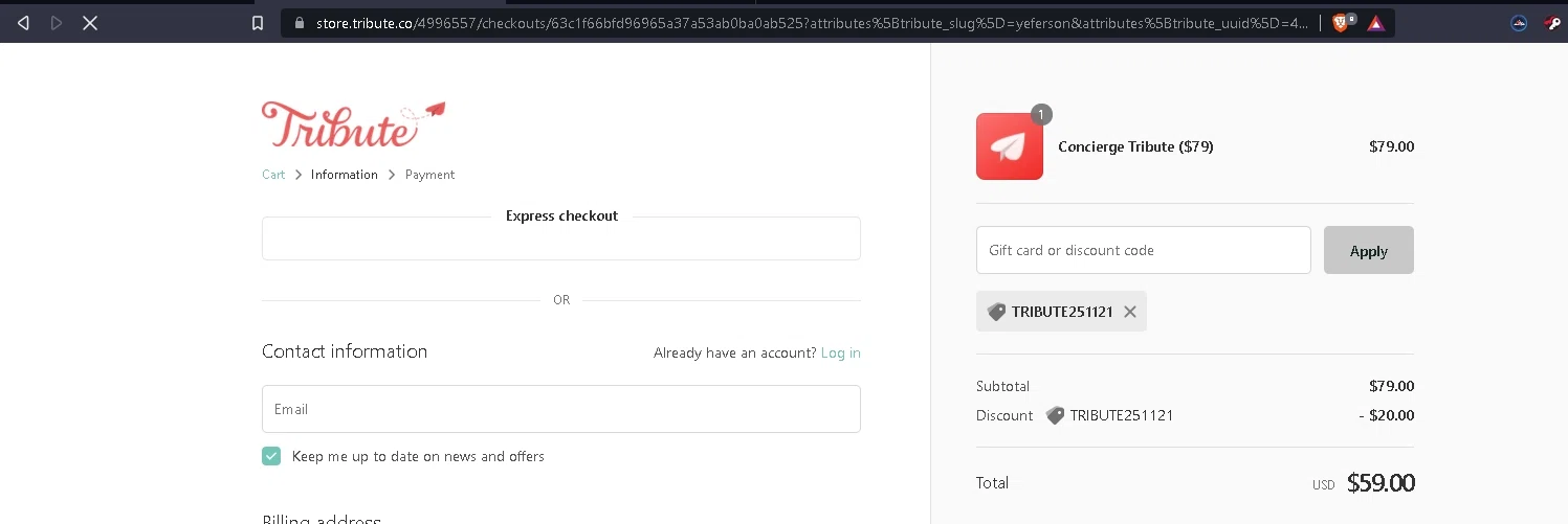 Tribute checkout page showing Tribute discount code box | Screenshot taken by SimplyCodes community member on Sep 26, 2021