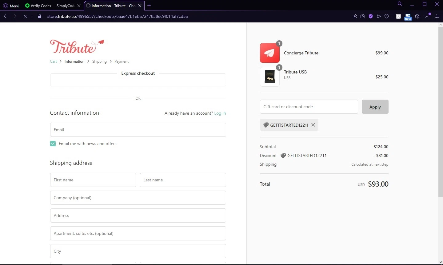 Tribute checkout page showing Tribute discount code box | Screenshot taken by SimplyCodes community member on Oct 13, 2021