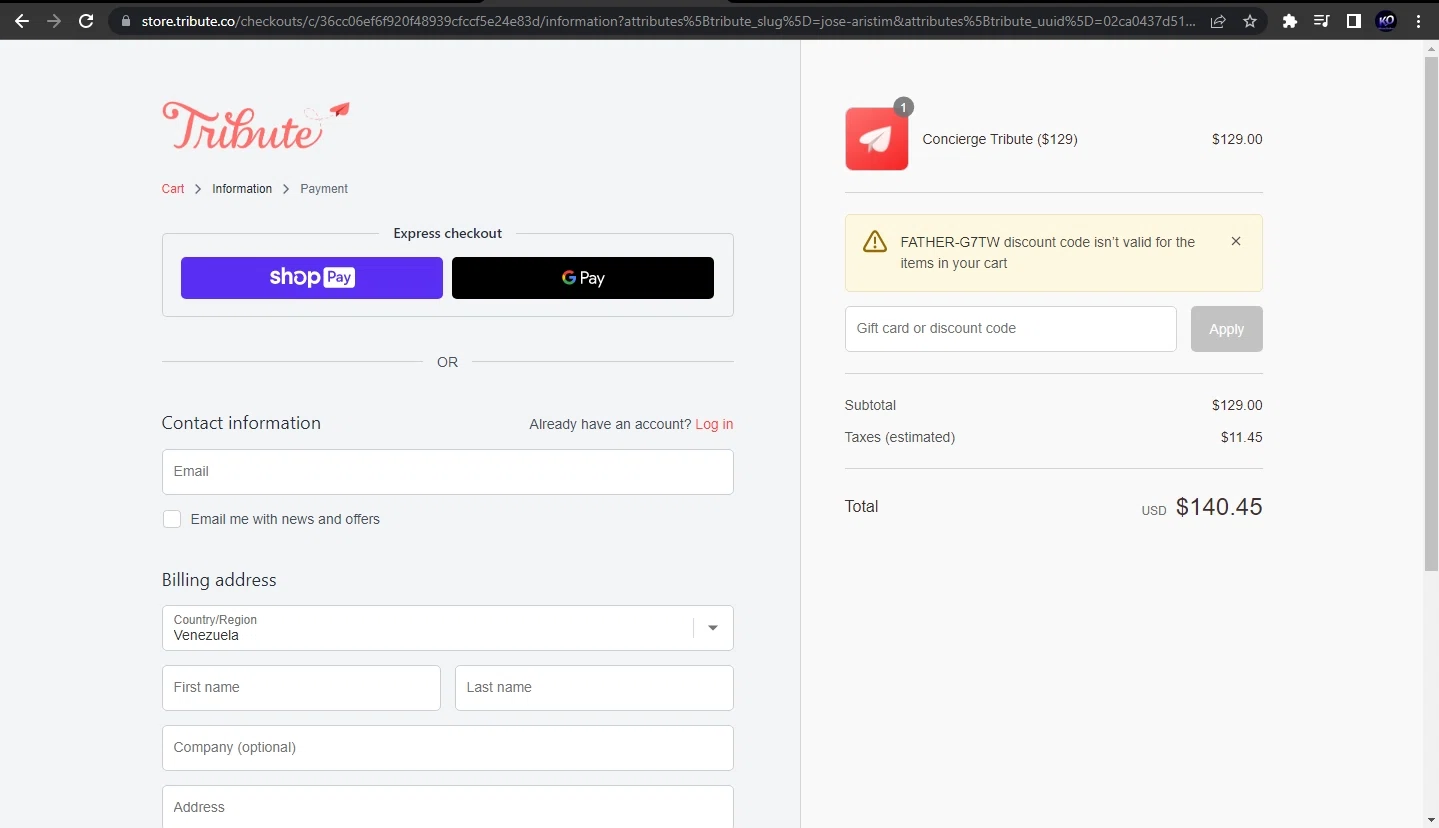 Tribute checkout page showing Tribute discount code box | Screenshot taken by SimplyCodes community member on Aug 7, 2022
