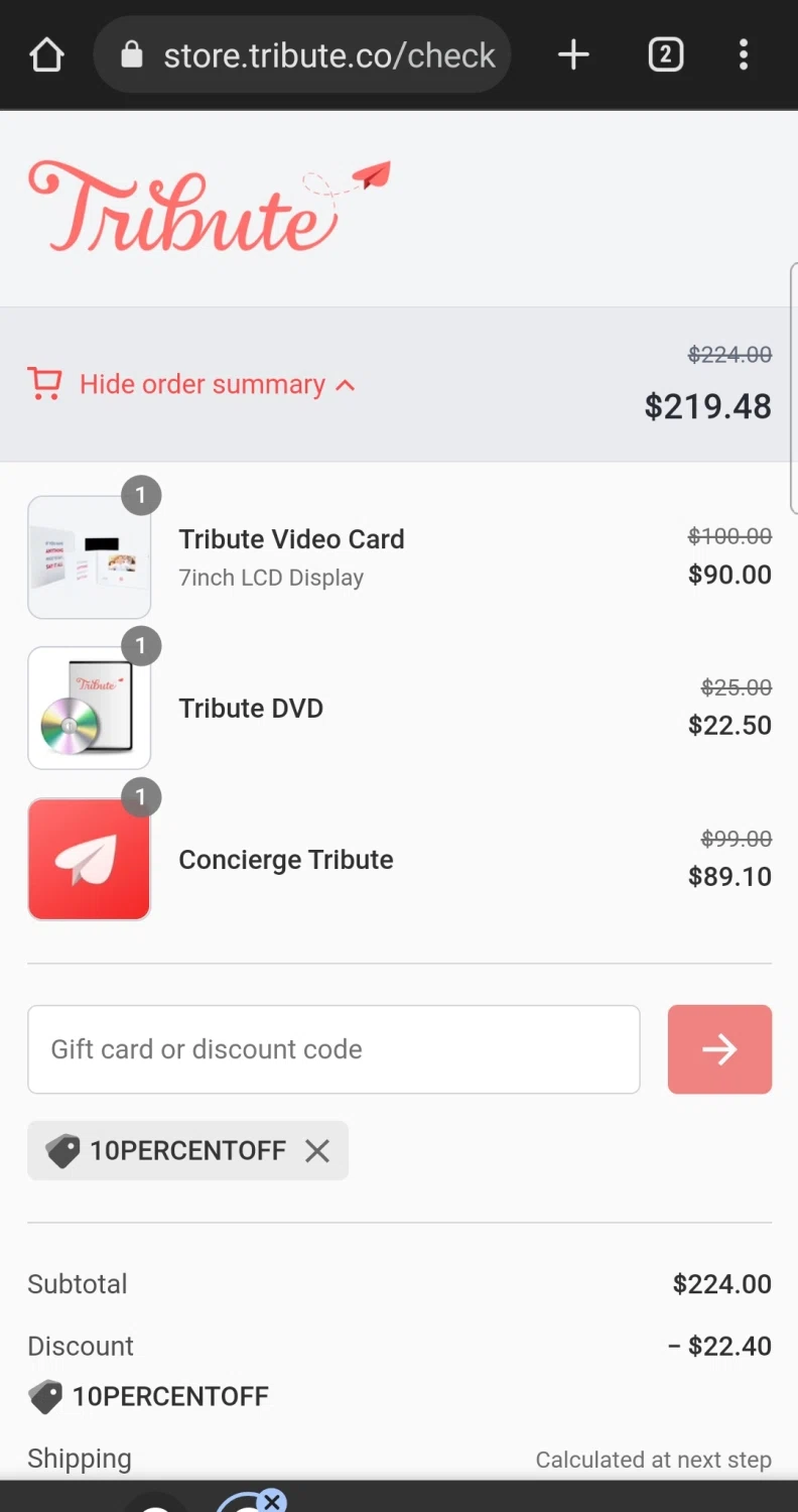 Tribute checkout page showing Tribute discount code box | Screenshot taken by SimplyCodes community member on Dec 9, 2022