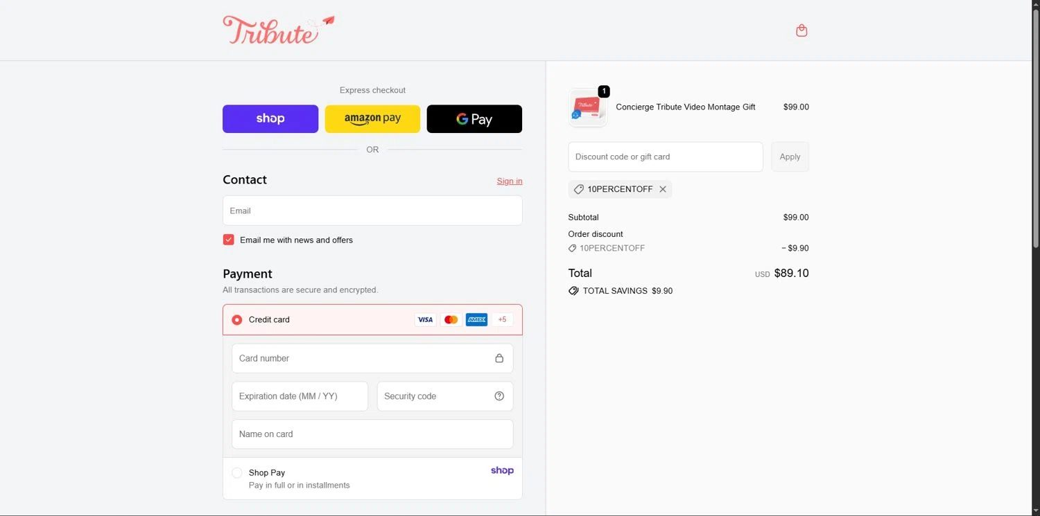 Tribute discount code screenshot showing code 10PERCENTOFF applied at Tribute checkout page. Uploaded by SimplyCodes community member Depressive on Oct 23, 2025