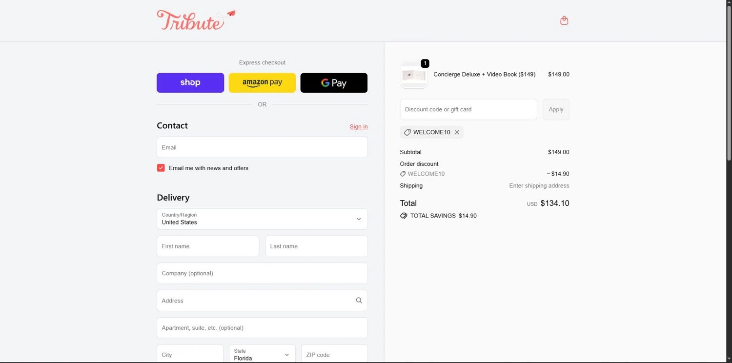 Tribute discount code screenshot showing code WELCOME10 applied at Tribute checkout page. Uploaded by SimplyCodes community member Depressive on Dec 13, 2025