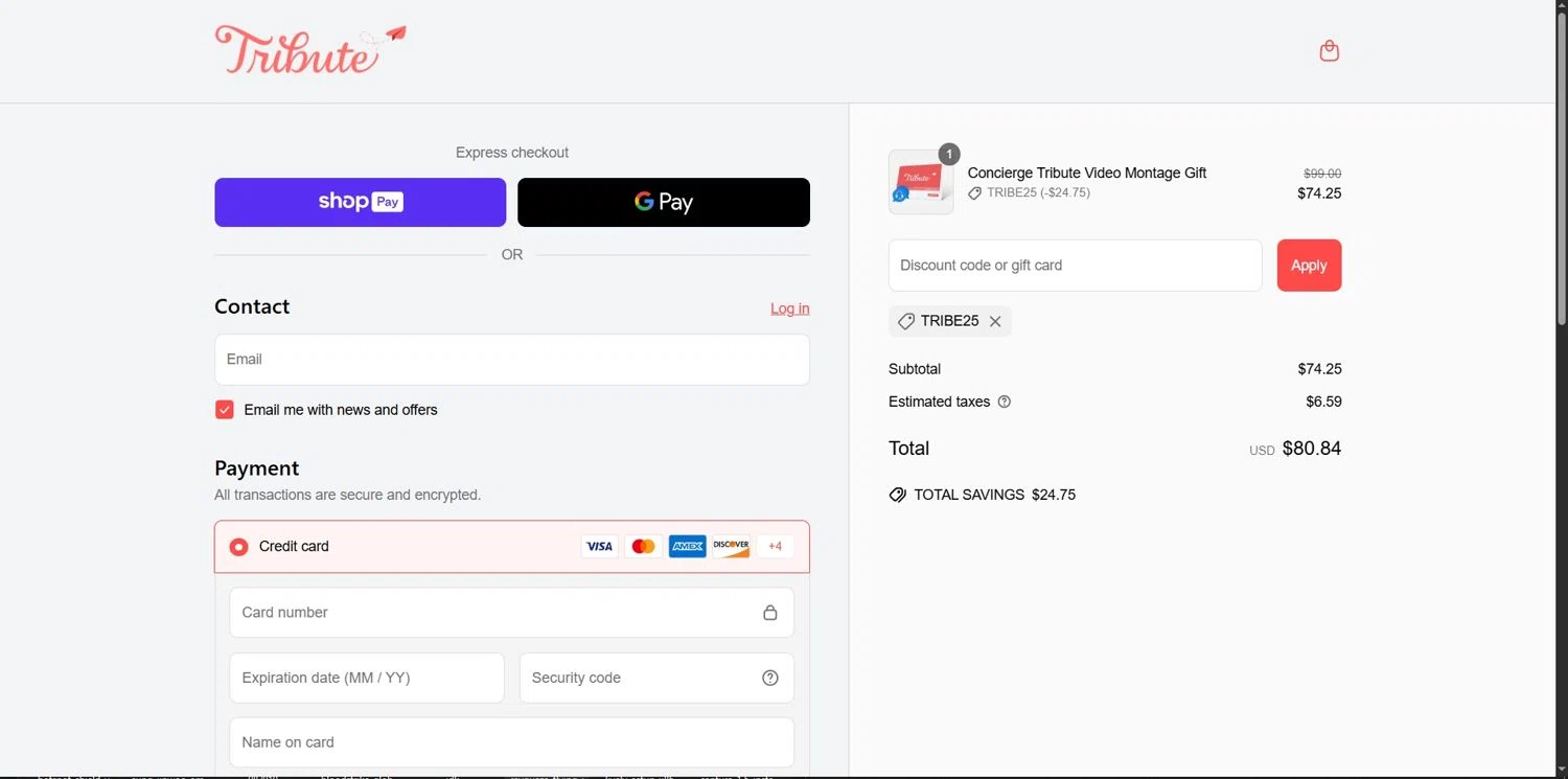Tribute discount code screenshot showing code TRIBE25 applied at Tribute checkout page. Uploaded by SimplyCodes community member Depressive on Mar 28, 2025