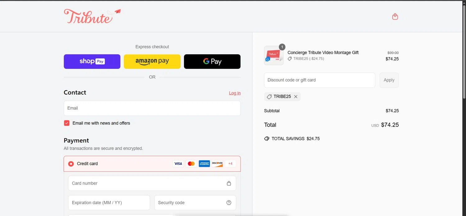 Tribute discount code screenshot showing code TRIBE25 applied at Tribute checkout page. Uploaded by SimplyCodes community member Depressive on May 31, 2025