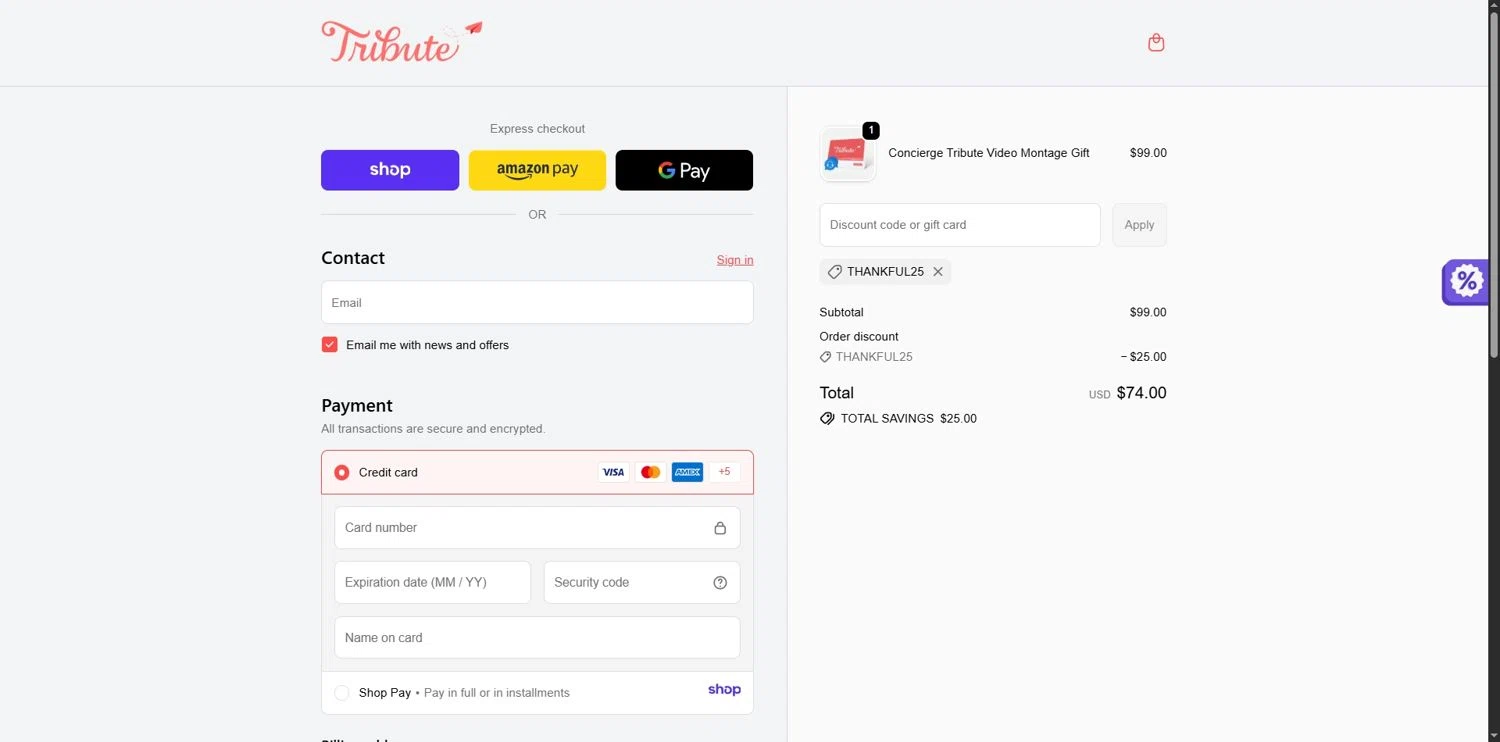 Tribute discount code screenshot showing code THANKFUL25 applied at Tribute checkout page. Uploaded by SimplyCodes community member Depressive on Nov 2, 2025