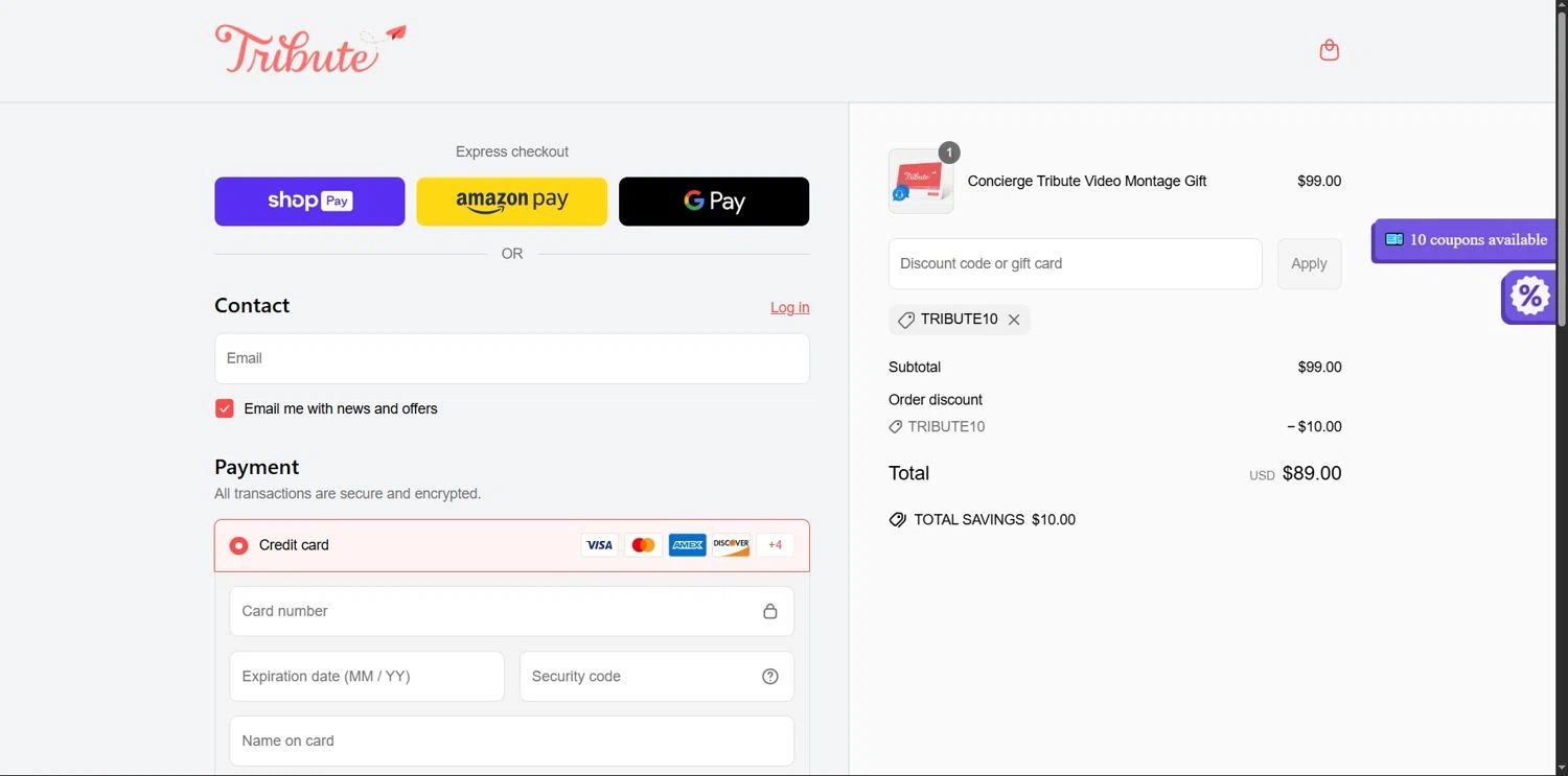 Tribute discount code screenshot showing code TRIBUTE10 applied at Tribute checkout page. Uploaded by SimplyCodes community member Depressive on Jun 9, 2025