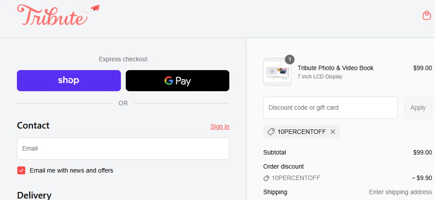 Tribute discount code screenshot showing code 10PERCENTOFF applied at Tribute checkout page. Uploaded by SimplyCodes community member ashe1986 on Sep 12, 2025
