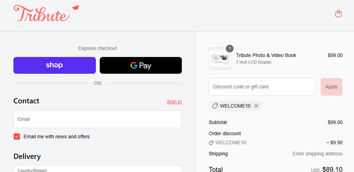 Tribute discount code screenshot showing code WELCOME10 applied at Tribute checkout page. Uploaded by SimplyCodes community member ashe1986 on Sep 12, 2025