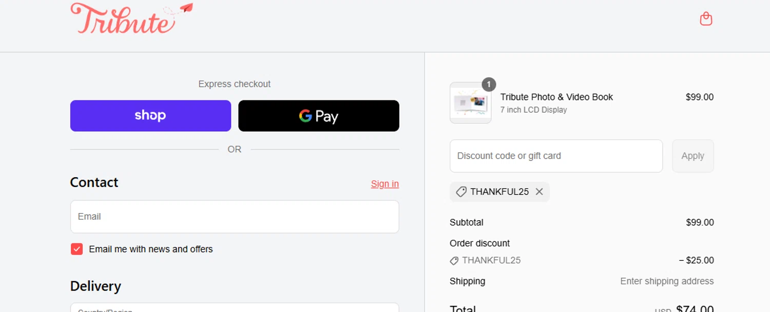 Tribute discount code screenshot showing code THANKFUL25 applied at Tribute checkout page. Uploaded by SimplyCodes community member ashe1986 on Sep 11, 2025