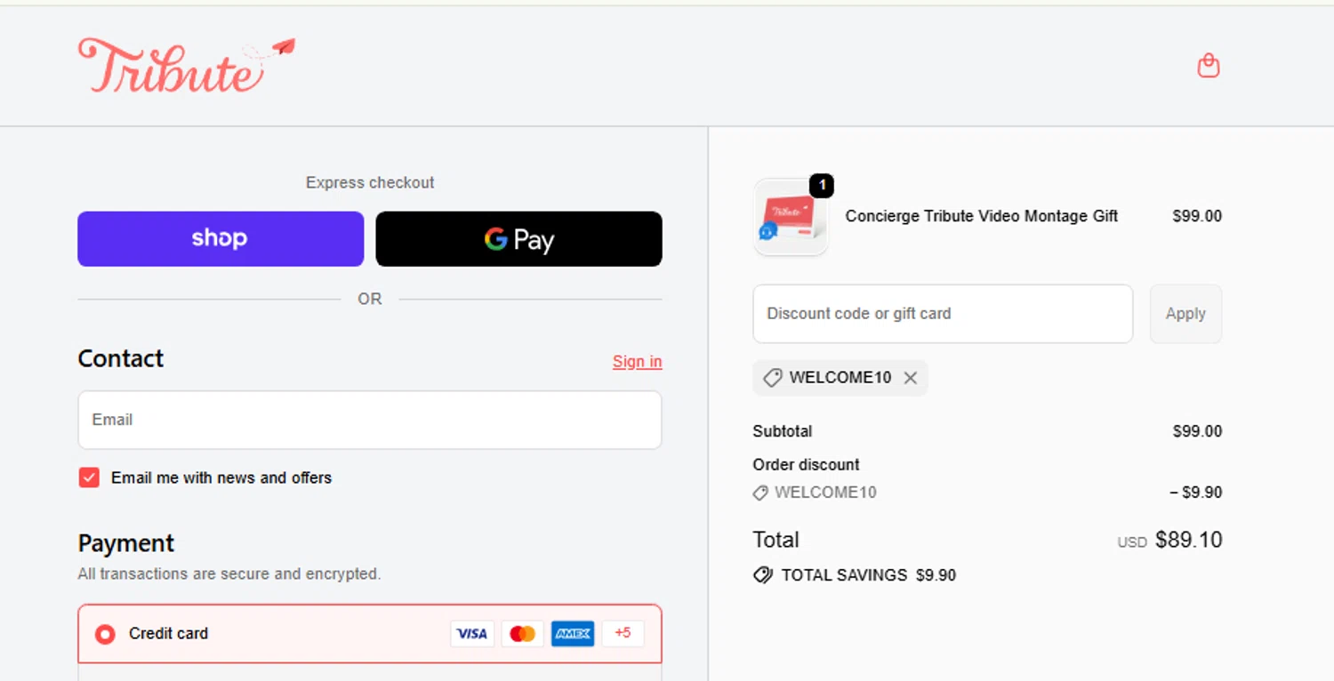 Tribute discount code screenshot showing code WELCOME10 applied at Tribute checkout page. Uploaded by SimplyCodes community member carlosrivero on Oct 22, 2025