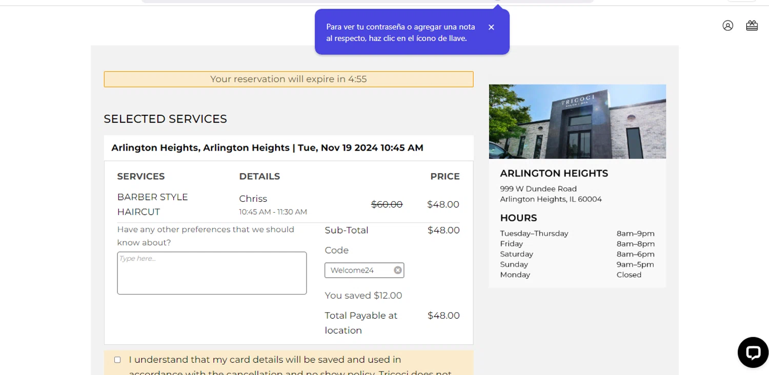Tricoci Salon & Spa checkout page showing Tricoci Salon & Spa promo code box | Screenshot taken by SimplyCodes community member on Nov 15, 2024