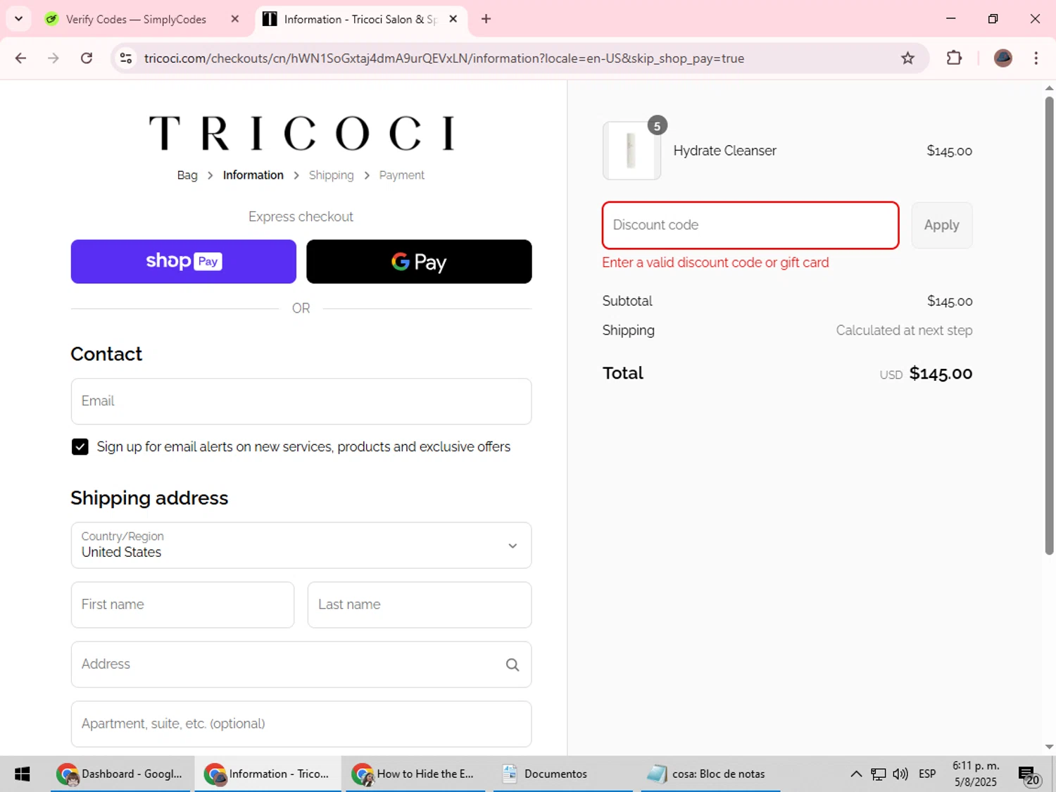Tricoci Salon & Spa checkout page showing Tricoci Salon & Spa promo code box | Screenshot taken by SimplyCodes community member on Aug 5, 2025