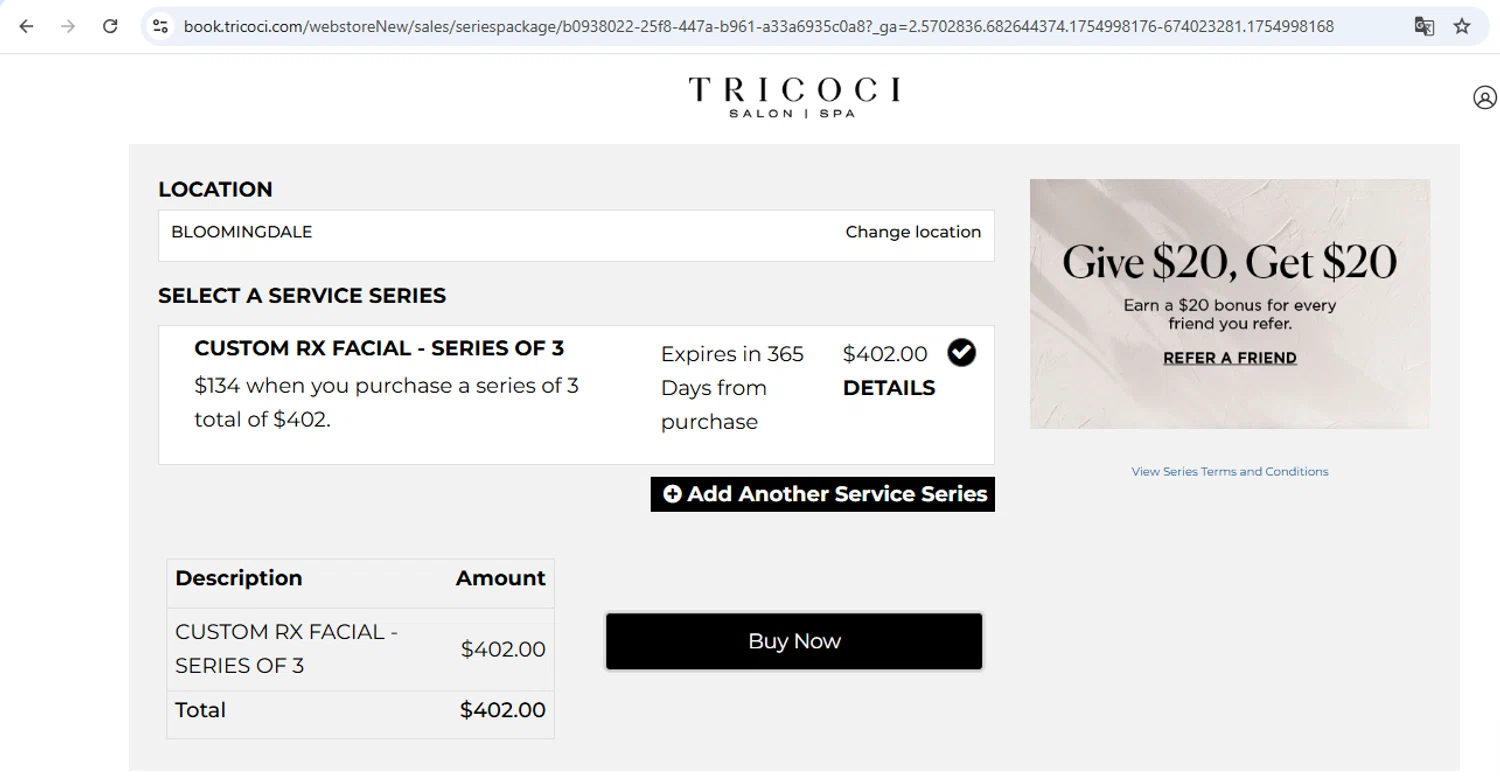 Tricoci Salon & Spa checkout page showing Tricoci Salon & Spa promo code box | Screenshot taken by SimplyCodes community member on Aug 12, 2025