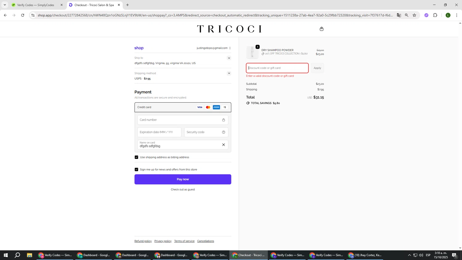 Tricoci Salon & Spa promo code screenshot showing code RUNCHI45 applied at Tricoci Salon & Spa checkout page. Uploaded by SimplyCodes community member DUCATI on Oct 15, 2025