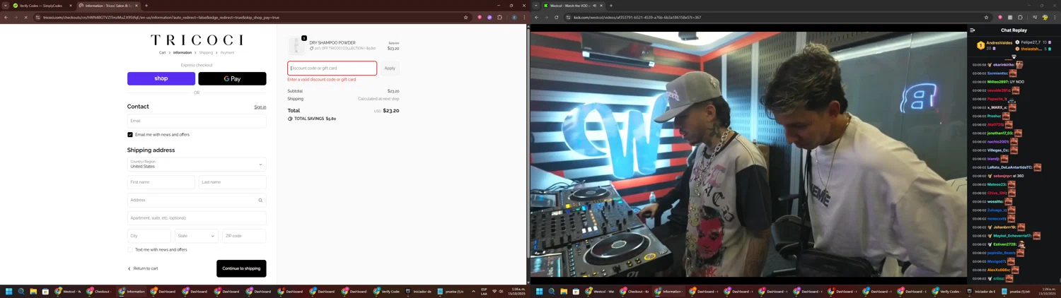 Tricoci Salon & Spa promo code screenshot showing code RUNCHI45 applied at Tricoci Salon & Spa checkout page. Uploaded by SimplyCodes community member GloriousPioneer2942 on Oct 15, 2025