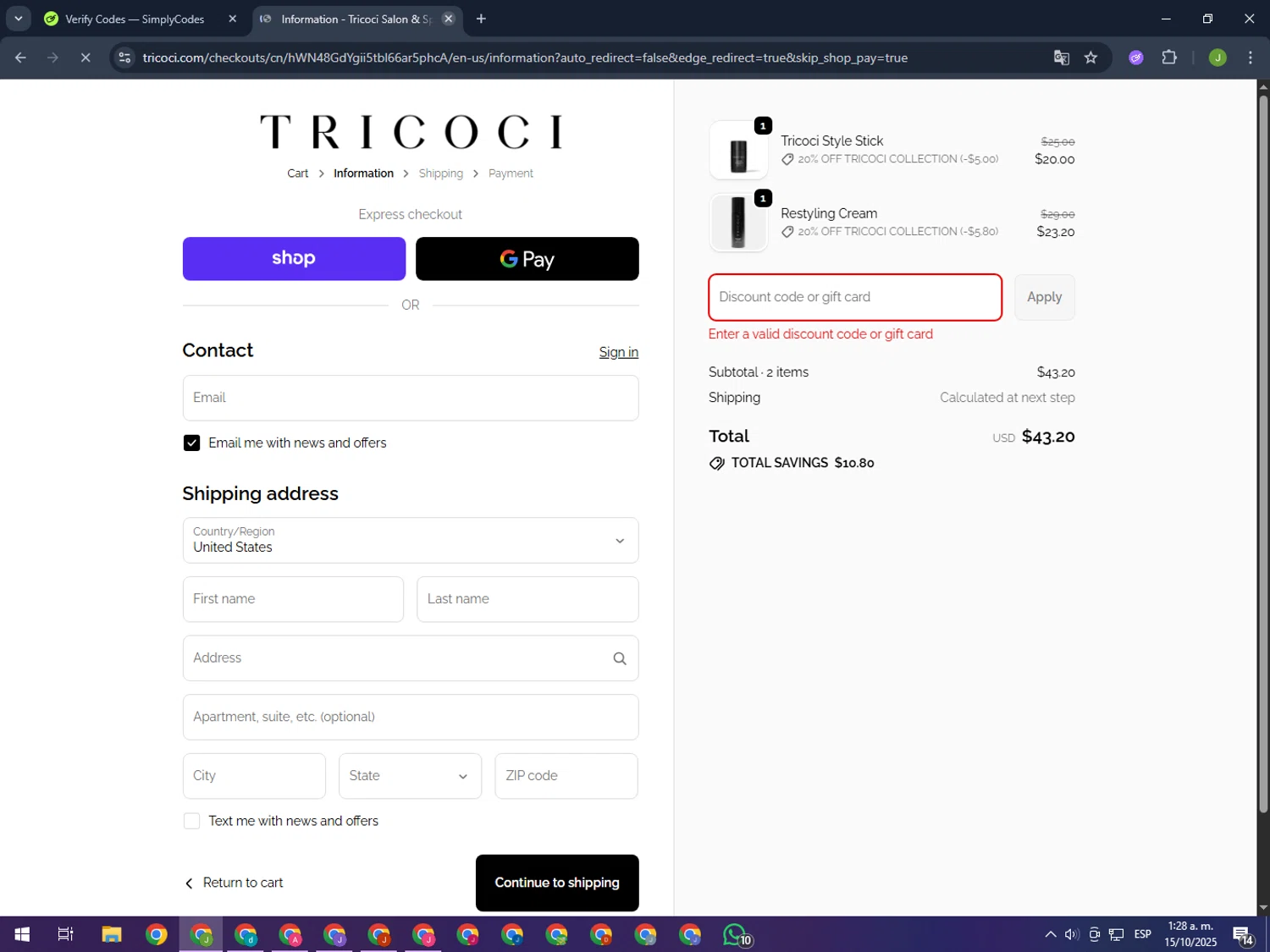 Tricoci Salon & Spa promo code screenshot showing code RUNCHI45 applied at Tricoci Salon & Spa checkout page. Uploaded by SimplyCodes community member MightyFinder1041 on Oct 15, 2025