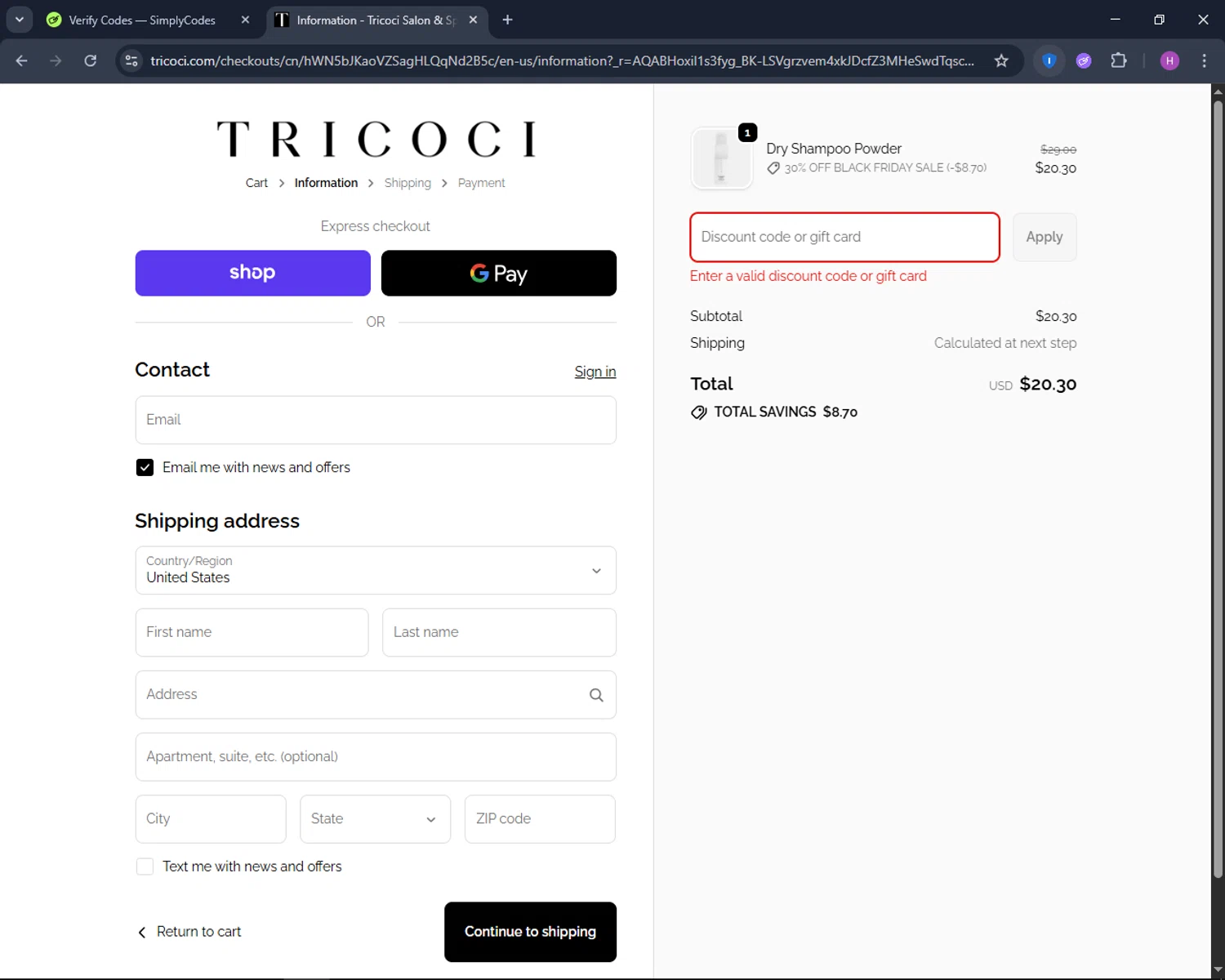Tricoci Salon & Spa promo code screenshot showing code RELAX100 applied at Tricoci Salon & Spa checkout page. Uploaded by SimplyCodes community member TokenNavigator6891 on Nov 22, 2025