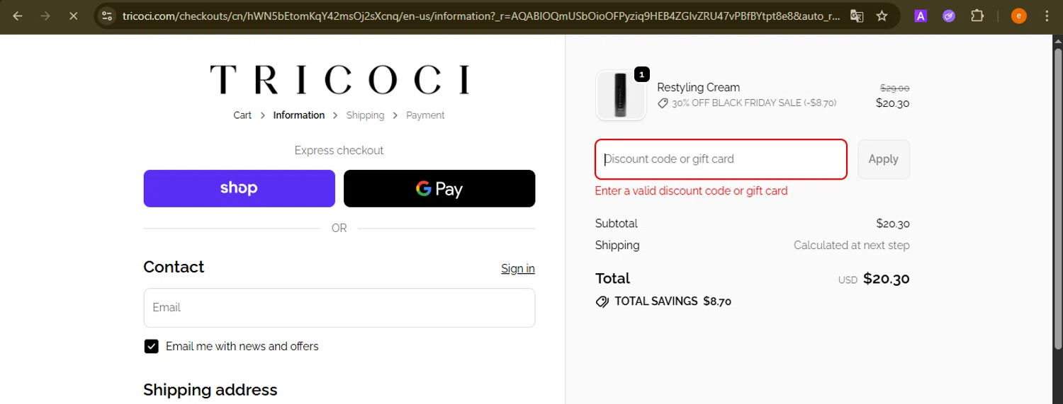 Tricoci Salon & Spa promo code screenshot showing code POLISHED100 applied at Tricoci Salon & Spa checkout page. Uploaded by SimplyCodes community member NobleElite1598 on Nov 22, 2025