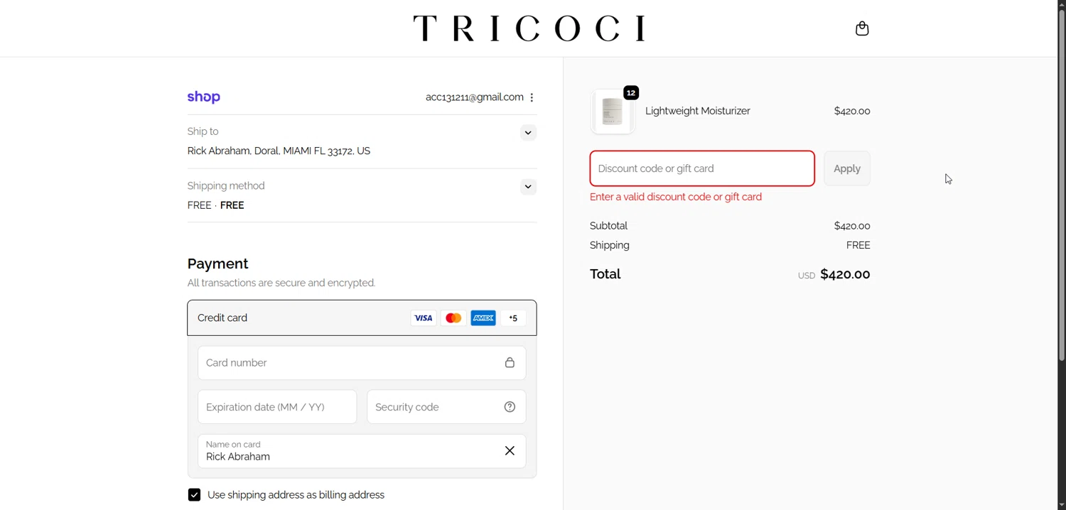 Tricoci Salon & Spa promo code screenshot showing code TM12TOX25 applied at Tricoci Salon & Spa checkout page. Uploaded by SimplyCodes community member varusitochambeador3 on Dec 3, 2025