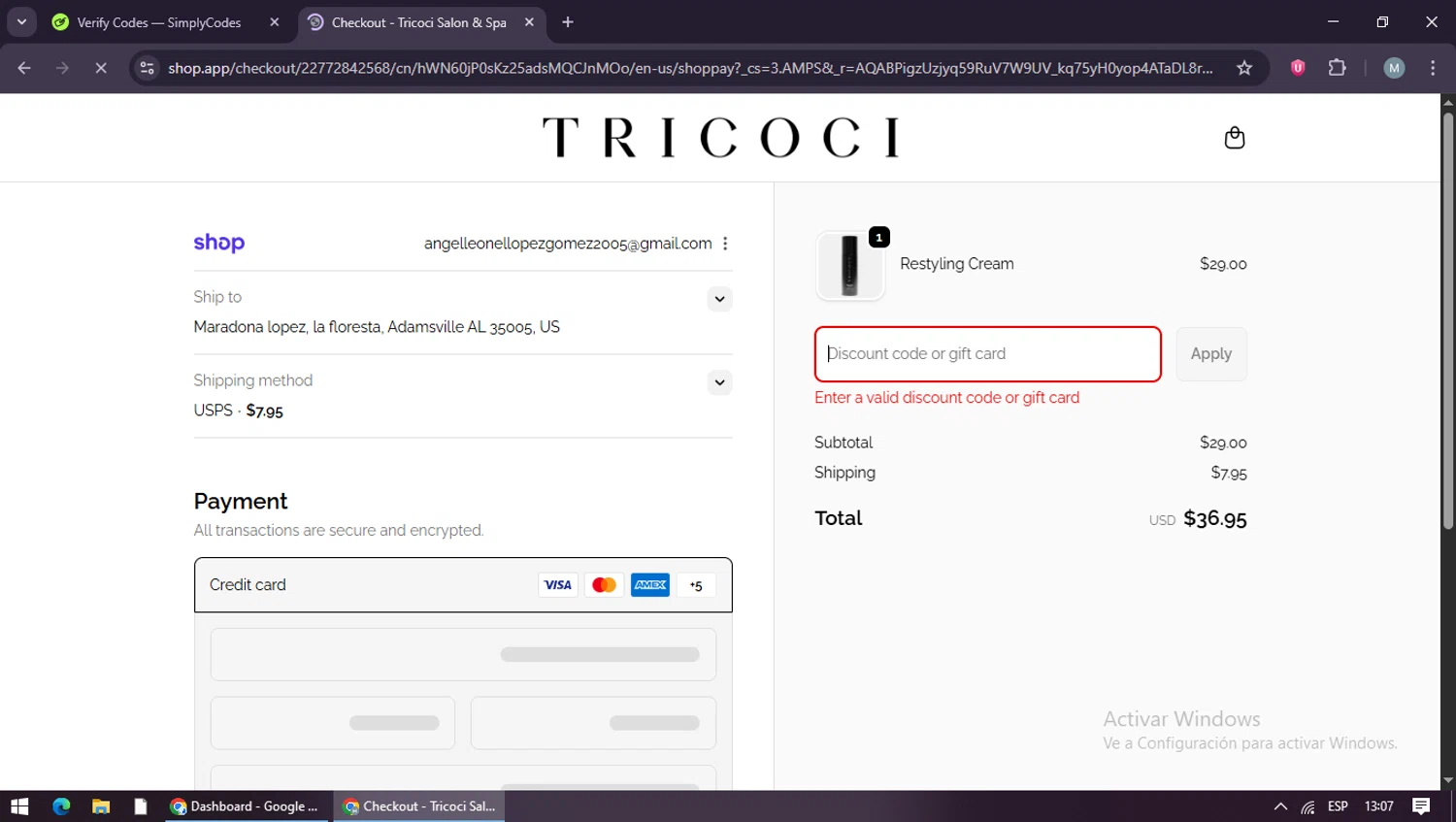 Tricoci Salon & Spa promo code screenshot showing code TM12TOX25 applied at Tricoci Salon & Spa checkout page. Uploaded by SimplyCodes community member maraxo on Dec 3, 2025