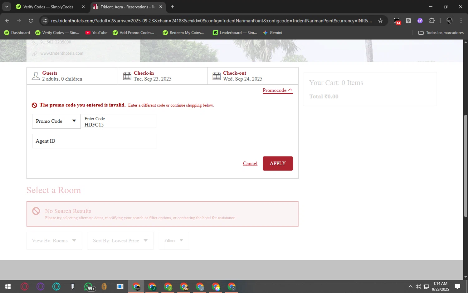 Trident Hotels promo code screenshot showing code HDFC15 applied at Trident Hotels checkout page. Uploaded by SimplyCodes community member ArizaJesus on Sep 23, 2025