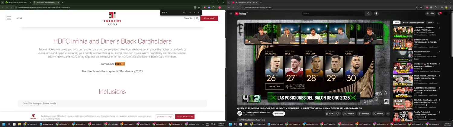 Trident Hotels promo code screenshot showing code HDFC15 applied at Trident Hotels checkout page. Uploaded by SimplyCodes community member CouponSage7331 on Sep 23, 2025