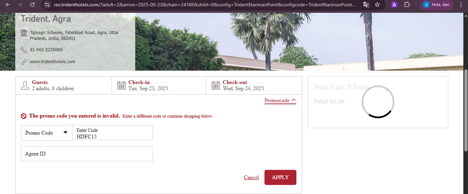 Trident Hotels promo code screenshot showing code HDFC15 applied at Trident Hotels checkout page. Uploaded by SimplyCodes community member ShieldKnight4744 on Sep 23, 2025