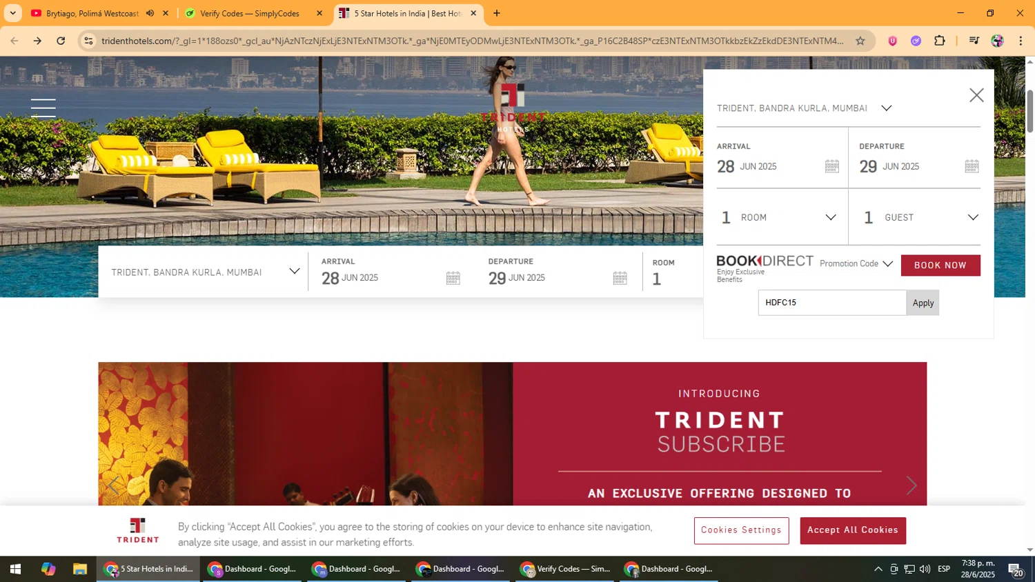 Trident Hotels checkout page showing Trident Hotels promo code box | Screenshot taken by SimplyCodes community member on Jun 28, 2025