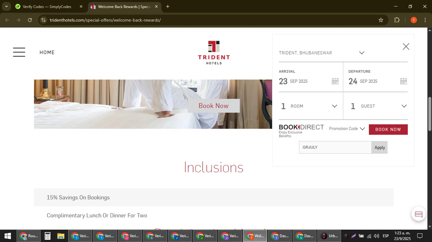Trident Hotels checkout page showing Trident Hotels promo code box | Screenshot taken by SimplyCodes community member on Sep 23, 2025