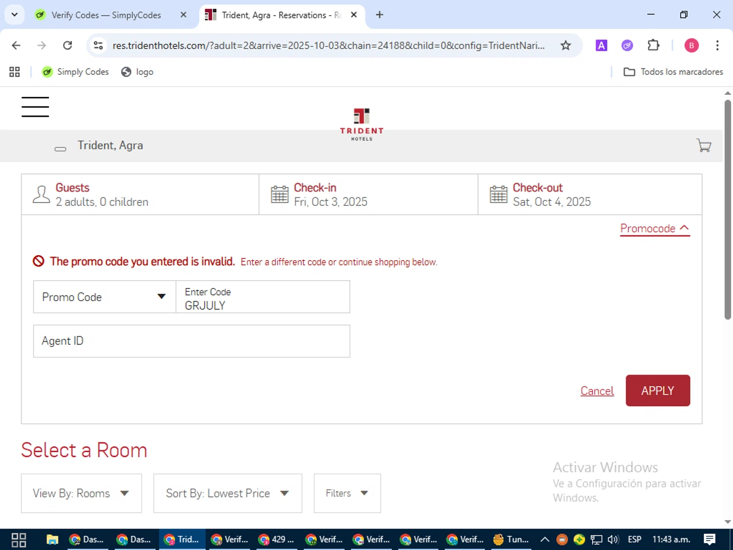 Trident Hotels promo code screenshot showing code GRJULY applied at Trident Hotels checkout page. Uploaded by SimplyCodes community member bombontropical on Oct 3, 2025