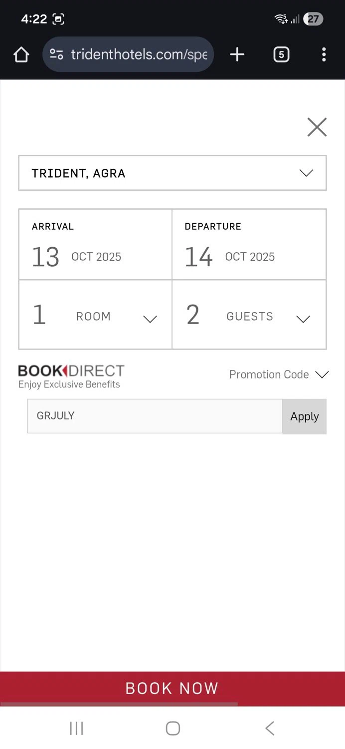 Trident Hotels promo code screenshot showing code GRJULY applied at Trident Hotels checkout page. Uploaded by SimplyCodes community member kikimbappe on Oct 13, 2025