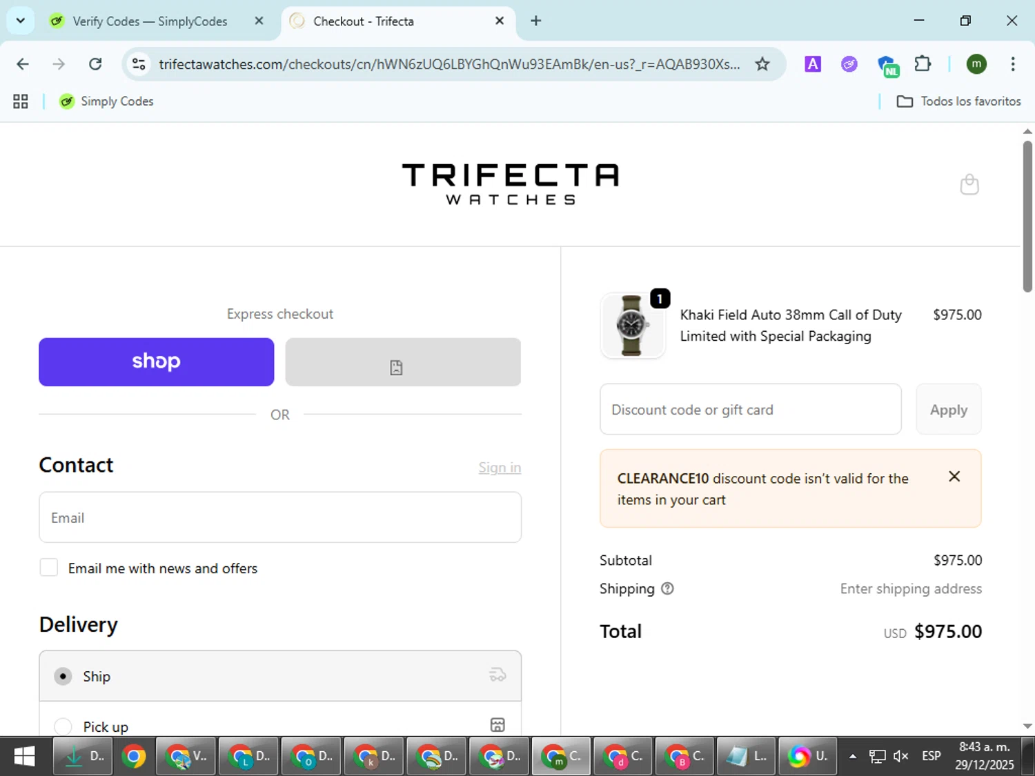 Trifecta Watches discount code screenshot showing code CLEARANCE10 applied at Trifecta Watches checkout page. Uploaded by SimplyCodes community member VoucherCollector9196 on Dec 29, 2025