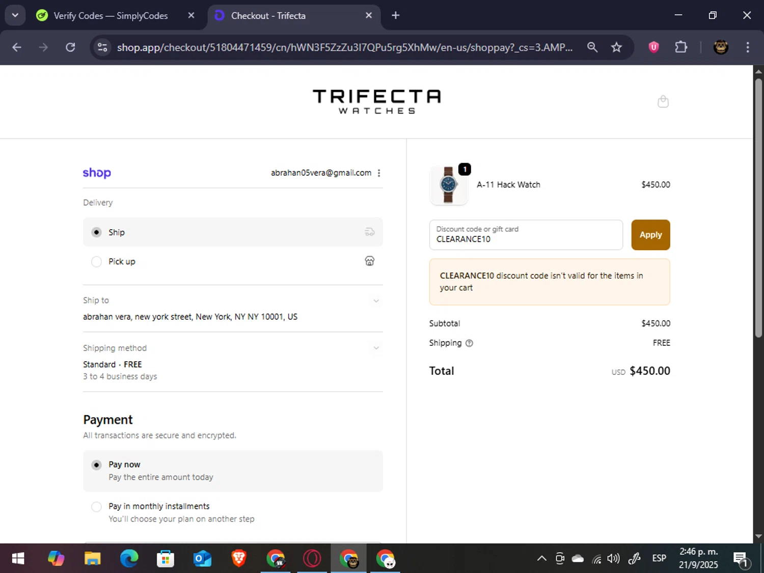 Trifecta Watches discount code screenshot showing code CLEARANCE10 applied at Trifecta Watches checkout page. Uploaded by SimplyCodes community member abrahanv on Sep 21, 2025