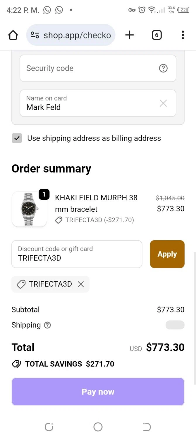 Trifecta Watches discount code screenshot showing code TRIFECTA3D applied at Trifecta Watches checkout page. Uploaded by SimplyCodes community member CoinBoss7109 on Oct 31, 2025