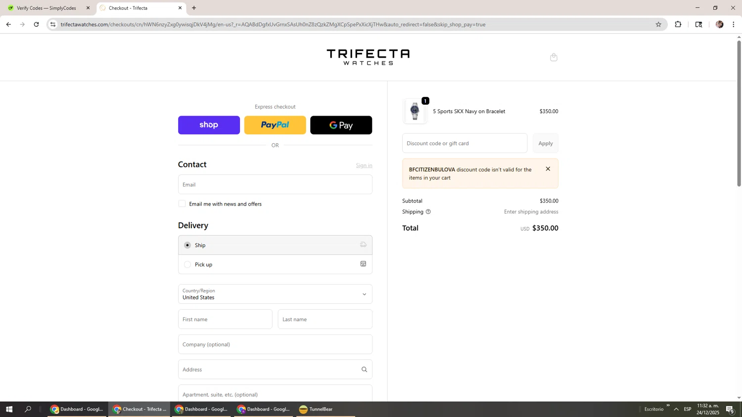 Trifecta Watches discount code screenshot showing code BFCitizenBulova applied at Trifecta Watches checkout page. Uploaded by SimplyCodes community member Levi_Ackerman on Dec 24, 2025