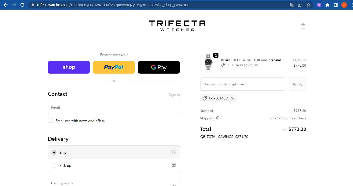 Trifecta Watches discount code screenshot showing code TRIFECTA3D applied at Trifecta Watches checkout page. Uploaded by SimplyCodes community member FranquizJoel on Oct 31, 2025
